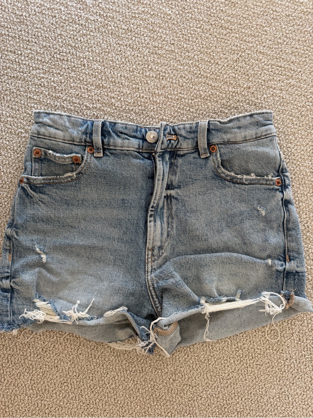 ZARA Denim High-Rise Distressed Women's Shorts - Light Blue